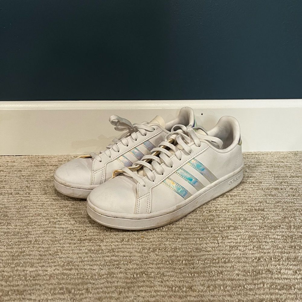 adidas White Sneakers with Iridescent Stripes